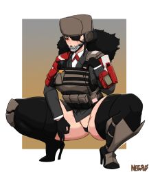 1girls 2020s 2022 2d 2d_(artwork) _gladiator_claudia armor armored_boots big_thighs black_hair black_panties cameltoe circle_game curvaceous curves curvy curvy_body curvy_female curvy_figure eye_scar eyepatch female female_focus female_only fur fur_coat gloves hi_res high_heel_boots high_heels highres huge_thighs large_thighs legs_open lipstick mature_female micro_panties military negsus older_woman original original_character panties red_eye red_eyes scar scar_across_eye scar_across_face skimpy skull_mask solo solo_female solo_focus squat squatting suit thick_thighs thighs thunder_thighs ushanka