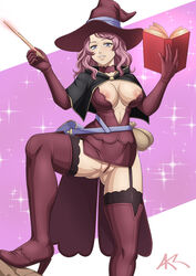 akazlime areolae big_breasts black_bulls_uniform black_clover nipple_slip no_panties partially_clothed pink_hair pussy thighhighs vanessa_enoteca witch witch_hat