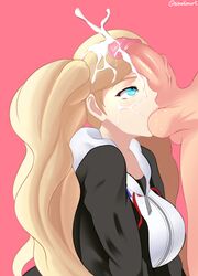 ann_takamaki ball_sucking balls blonde_hair blue_eyes cum cum_on_face cumshot erection facial female long_hair male penis penis_on_face persona persona_5 sowilo straight testicles