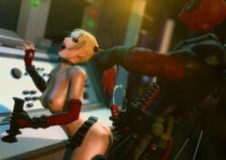 1boy 3d 3d_(artwork) ass batman:_arkham_city batman_(series) big_ass big_breasts blonde_hair breasts busty cleavage closed_eyes crossover cum cumshot curvy dc_comics deadpool deadpool_(game) erection female garry's_mod hair_pull harley_quinn harley_quinn_(arkham) harley_quinn_(arkham_city) harleypool lipstick marvel nipples nude nudity penis timpossible