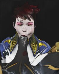 amonsrule big_penis cum cum_on_face fellatio female kiss_mark operator_(warframe) oral photoshop red_hair suckling video_games volt_(warframe) warframe warframe_captura_adventures warframetenno