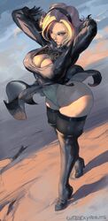 android_18 blonde_hair boots breasts cleavage cutesexyrobutts dragon_ball dragon_ball_z female female_only high_heel_boots huge_breasts looking_at_viewer nier nier:_automata solo thick_thighs thigh_boots thighhighs yorha_2b_(cosplay)