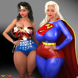 2girls 3d alien alien_girl bare_shoulders belt big_breasts black_hair blonde_hair blue_eyes bodysuit bracelet busty cape cleavage curvy dc dc_comics diana_prince duo eyelashes female female_only front_view hand_on_hip hands_on_hip hands_on_hips hourglass_figure human humanoid kara_zor-el kryptonian leotard lipstick long_hair looking_at_viewer makeup multiple_females multiple_girls nail_polish pose posing red_lipstick rope shadow shiny shiny_skin simple_background standing supergirl superheroine superman_(series) tiara voluptuous wide_hips wonder_woman wonder_woman_(series) xskullheadx yellow_hair