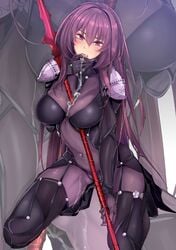 between_breasts black_legwear blush bodysuit breasts covered_navel cum cum_in_mouth cum_on_body cum_on_clothes cum_on_upper_body fate/grand_order fate_(series) female finger_licking full_body hair_between_eyes high_heels large_breasts licking long_hair looking_at_viewer pauldrons purple_bodysuit purple_eyes purple_hair rib:y(uhki) scathach_(fate) solo speaker suggestive_fluid thighhighs very_long_hair zoom_layer