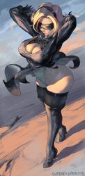 android_18 blindfold blonde_hair boots breasts cleavage cutesexyrobutts dragon_ball dragon_ball_z female female_only high_heel_boots huge_breasts nier nier:_automata solo thick_thighs thigh_boots thighhighs yorha_2b_(cosplay)