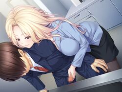 black_skirt blonde_hair blush breast_press breasts brown_hair business_suit censored closed_mouth clothing female game_cg green_eyes haga_reina hair_over_eyes handjob highres ichikawa_noa indoors large_breasts legs long_hair mosaic_censoring necktie office_lady onee-san_ni_makasenasai!_ryoubo_to_joushi_no_yawaraka_oppai_ni_hasamarete original pantyhose penis red_necktie short_hair skirt smile standing suit thighs unzipped