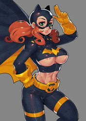 1girls abs areola_slip areolae barbara_gordon batgirl batman_(series) belt blush bodysuit breasts cape cleavage covered_nipples dc dc_comics female female_only fengmo gloves green_eyes hand_on_hip large_breasts lips lipstick makeup mask midriff navel orange_hair pants simple_background solo superhero tank_top thick_thighs underboob