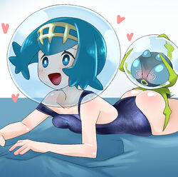 1boy 1girls :d all_fours ass ass_grab bare_shoulders bed blue_eyes blue_hair blue_sclera blush breasts bubble dewpider doggy_style female from_behind hands_on_ass happy_sex heart heart-shaped_pupils highres human insect interspecies lana_(pokemon) lying mob_face motion_lines nemimini nintendo on_bed on_stomach open_mouth pokemon pokemon_(species) pokemon_sm pokephilia school_swimsuit sex sheet_grab short_hair size_difference small_breasts smile spider spoken_heart straight strap_slip swimsuit tongue water