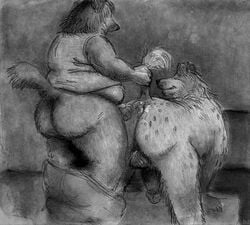 anthro anthro_on_feral anus ass balls bd belly canine clothed clothing cum cumshot duo ejaculation erection feral fur humanoid_penis hyena looking_pleasured male mammal monochrome orgasm overweight pants_down partially_clothed pencil_(artwork) penis shaggy_hair shirt slightly_chubby smile tail_pull tank_top thick_thighs traditional_media_(artwork) yaoi zoophilia