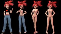 1girls 3d areolae armpits barefoot belly big_hair bikini black_background breasts denim devilscry digital_media_(artwork) eyelashes female female_only flannery_(pokemon) gym_leader human human_only jeans long_hair midriff navel nintendo nipples no_pussy nude pants pokemon pokemon_rse ponytail pussy red_eyes red_hair sandals shaved_pussy shirt shirt_lift shoes smile source_filmmaker standing video_games wide_hips