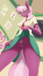 2018 absurd_res anthro cheerilee_(mlp) clothed clothing clothing_lift earth_pony equine female friendship_is_magic futaku hair hi_res horse inside looking_at_viewer mammal multicolored_hair my_little_pony nipple_bulge open_mouth pony pussy solo two_tone_hair