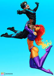 1boy 1girls batman_(series) blowjob boots dc dc_comics dick_grayson fellatio female green_eyes koriand'r male nightwing oral oral_sex orange_skin penis pumpkinsinclair red_hair sex starfire straight teen_titans uncensored