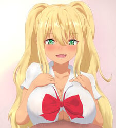 1boy 2_(ninininni) bag blonde_hair blush bow breast_squeeze breasts clothed_female_nude_male collared_shirt dark-skinned_female dark_skin dress_shirt dumbbell_nan_kilo_moteru? eyebrows_visible_through_hair female green_eyes gyaru human_only large_breasts long_hair looking_at_viewer no_bra nose_blush nude oerba_yun_fang open_clothes open_mouth open_shirt paizuri paizuri_under_clothes pink_background pov red_bow sakura_hibiki_(dumbbell_nan_kilo_moteru?) school_uniform shirt short_sleeves solo_focus straight tan twintails white_shirt