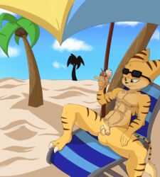 abs balls beach cel_shading dessert eyewear feline food foreskin green_eyes ice_cream lombax male male_only mammal nipples nude nude_beach on_chair palm_trees penis ratchet_(ratchet_and_clank) ratchet_and_clank remiraccoon sand seaside soft solo sunglasses testicles umbrella uncensored uncut video_games