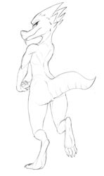 4_toes anthro anus bedroom_eyes black_and_white claws fangs feet female full-length_portrait half-closed_eyes kobold looking_at_viewer looking_back monochrome on_one_leg portrait pussy rear_view reptile scalie seductive simple_background sketch slit_pupils snout soles solo standing toes tongue tongue_out w4g4 white_background