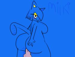 2018 4_fingers anthro ass better_version_at_source big_butt blue_background blue_hair blush breasts drpantless_(artist) eyeshadow feline female hair hair_over_eyes half-closed_eyes looking_at_viewer makeup male mammal milki noseless nude penis sex simple_background straight thick_thighs wide_hips