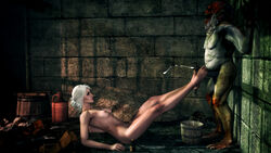 1girls 1monster 3d areolae balls barefoot breasts cd_projekt_red ciri cumshot footjob green_eyes looking_at_partner nekker nipples penis the_witcher_(series) the_witcher_2 the_witcher_3:_wild_hunt white_hair xpsfm