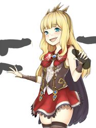 :d aqua_eyes bangs black_cape black_legwear blonde_hair blunt_bangs blush bow cagliostro_(granblue_fantasy) cape cowboy_shot cum cum_on_clothes disembodied_penis double_handjob facial female granblue_fantasy hairband handjob long_hair looking_at_viewer moshi_(atelier33-4) multiple_penises open_mouth penis red_bow red_skirt simple_background skirt sleeveless smile thighhighs vambraces white_background zettai_ryouiki