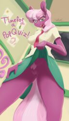 2018 absurd_res anthro cheerilee_(mlp) clothed clothing clothing_lift dialogue earth_pony english_text equine female friendship_is_magic futaku hair hi_res horse inside looking_at_viewer mammal multicolored_hair my_little_pony nipple_bulge open_mouth pony pussy solo text two_tone_hair