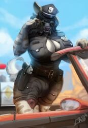 2018 anthro badge big_penis black_hair breasts bulge car cleavage dripping dripping_precum ear_piercing eyewear fur furry furry_only futa_only futanari grin gun handgun hat hermvivi hyena large_breasts looking_at_viewer mammal no_humans obaum penis penis_outline piercing pistol police precum ranged_weapon smile solo standing striped_fur striped_hyena stripes sunglasses tan_fur uniform vehicle voluptuous weapon wide_hips