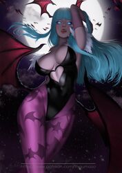 absurdres clothing darkstalkers fully_clothed head_wings heart_cutout highres leotard licking_lips lips long_hair looking_at_viewer medium_breasts moon morrigan_aensland night night_sky out_of_frame pantyhose print_legwear skintight sky solo standing succubus syleeart thaumazo tongue tongue_out wings