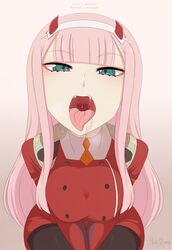 1girls aqua_eyes big_breasts breasts cleavage darling_in_the_franxx demon_girl demon_horns egirl female female_only fringe green_eyes hime_cut horns large_breasts long_hair looking_at_viewer merunyaa naughty_face open_mouth pale-skinned_female petite pink_hair red_eyeliner solo teenager throat tongue tongue_out uvula zero_two_(darling_in_the_franxx)