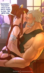 2d age_difference andorahleon ass beard blush bra brigitte brigitte_lindholm brown_hair female freckles highres lingerie looking_at_another male muscles nipples old_man overalls overwatch overwatch_2 panties ponytail reinhardt scar sitting_on_lap sitting_on_person straight tank_top undressing white_hair