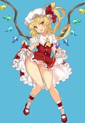 ascot bare_legs blonde_hair blush bow breasts crystal female flandre_scarlet frilled_shirt frilled_shirt_collar frilled_skirt frilled_sleeves frills hat hat_bow hat_ribbon lifted_by_self looking_at_viewer medium_hair mob_cap no_panties oerba_yun_fang open_mouth puffy_short_sleeves puffy_sleeves pussy red_bow red_eyes red_ribbon ribbon shirt short_hair short_sleeves side_ponytail simple_background skirt skirt_lift skirt_set smile solo touhou tsuderou white_shirt wings yellow_neckwear