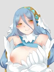 areolae azura_(fire_emblem) blue_hair blush fire_emblem fire_emblem_fates functionally_nude headband headgear kyo-usa kyousa38 long_hair nipples one_breast_out pale_skin partially_clothed smile veil yellow_eyes