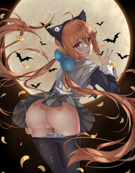 absurdres ahoge alisa_southerncross anus areolae ass bat black_legwear breasts brown_hair cum cum_in_pussy cum_on_ass cum_on_body cum_on_clothes cum_on_lower_body eyebrows_visible_through_hair female floating_hair from_behind full_moon hair_between_eyes hair_censor hairband highres keroro_gunsou leaning_forward long_hair long_sleeves looking_back low_twintails medium_breasts moon panties pantyhose pantyhose_pull petals pink_eyes pleated_skirt pussy sakurai_momoka_no_musuko skirt solo spread_pussy striped striped_panties twintails uncensored underwear very_long_hair w