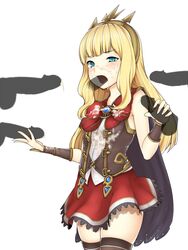 aqua_eyes bangs black_cape black_legwear blonde_hair blunt_bangs blush bow cagliostro_(granblue_fantasy) cape cowboy_shot cum cum_on_clothes disembodied_penis double_handjob facial fellatio female granblue_fantasy hairband half-closed_eye handjob long_hair looking_at_viewer moshi_(atelier33-4) multiple_penises oral penis red_bow red_skirt simple_background skirt sleeveless thighhighs vambraces white_background zettai_ryouiki