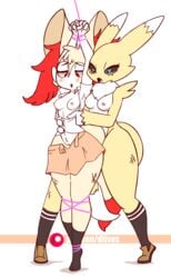 2girls animated anthro areolae armpits arms_tied arms_up bare_shoulders big_ears black_sclera blue_eyes bondage braixen breasts breasts_out clothed clothing crossover digimon diives duo erect_nipples feet female female_only fox fur furry furry_only gif half-closed_eyes interspecies long_ears nintendo nipples nude patreon pokémon_(species) pokemon pokemon_(species) pussy red_eyes renamon rope shirt shoes skirt socks standing tail tail_wrap text thick_thighs undressing url watermark white_background white_fur wide_hips yellow_fur yuri