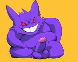 1boy big_penis big_testicles black_eyes chubby erection fur gengar ghost glans grin humanoid_penis male male_only miloyoyo nintendo nude penis pokémon_(species) pokemon pokemon_rgby presenting presenting_penis purple_fur purple_skin red_sclera simple_background sitting smile solo testicles thick_penis thick_thighs video_games wide_hips yellow_background