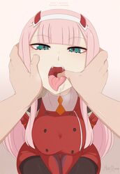 1boy big_breasts breasts cleavage darling_in_the_franxx demon_girl egirl female finger_in_mouth finger_in_throat fingering green_eyes horns large_breasts looking_at_viewer male merunyaa naughty_face open_mouth pink_hair pov throat tongue tongue_out uvula zero_two_(darling_in_the_franxx)