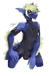 anthro aquatic_dragon armband balls belt clothing dragon fin grey_sclera ladon_(character) male male_only otterbits revealing_(disambiguation) scalie soles solo swimsuit