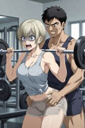 1boy 1girls ai_generated ass big_hands blonde_hair boy_and_girl from_behind grabbing_from_behind gym rough_sex rubbing shorts strength surprised touching unexpected