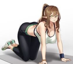 1girls all_fours arms ass ass_up bare_arms bare_midriff bare_shoulders big_breasts bra bracelet breasts brown_hair brown_haired_glasses_elf_(houtengeki) busty clavicle cleavage clothed clothed_female color colored crop_top elf female female_only full_body gradient_background green_eyes hanging_breasts hips houtengeki huge_breasts jewelry large_breasts long_hair midriff nipple_bulge original pants pointy_ears ponytail rimless_glasses shoes shoulders sidelocks simple_background sneakers solo solo_focus sports_bra sweat thighs trembling uncensored voluptuous wavy_mouth wide_hips wristband yoga_pants