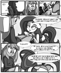 anthro ass black_and_white breasts comic dialogue dildo english_text equine equine_dildo female hair hi_res horse killryde lust_from_afar mammal monochrome my_little_pony pony saliva saliva_string sex_toy sitting text yuri