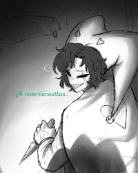 ... 1boy 1boys 1male 1males 1man 1men 2boy 2boys 2d 2d_(artwork) 2d_artwork 2male 2males 2man 2men bells black_hair black_sclera colorless comic comic_page fully_clothed fully_clothed_male fully_dressed gay gay_male grayscale green_eyes greyscale hamk_kom harlequin_(the_freak_circus) heart heart_symbol hearts holding_object homo homoerotic homosexual homosexual_male implied_rape jester_cap jester_costume jester_hat jester_outfit knife male male/male minicomic page_2 page_number pierrot_(the_freak_circus) questionable_consent sexual_harassment shadow sharp_teeth short_hair smile smiling smiling_at_another spanish spanish_commentary spanish_dialogue spanish_text tagme tfc the_freak_circus throwing_knife uncolored wavy_hair yaoi