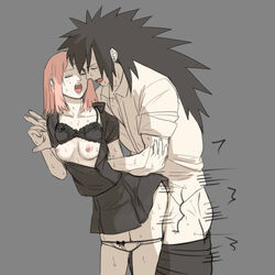 age_difference black_hair bra bra_lift breasts breasts_outside closed_eyes clothing cum from_behind from_behind_position fully_clothed haruno_sakura naruto nipples panties pants_down pink_hair sakura_haruno skirt small_breasts sweat sweating uchiha_madara white_panties