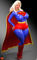 1girls 3d alien alien_girl areola_slip big_breasts blonde_hair blue_eyes bodysuit boots busty cape cleavage curvy dc dc_comics english_text eyelashes female female_only front_view high_heel_boots high_heels hourglass_figure humanoid kryptonian lipstick long_hair looking_at_viewer makeup pose posing red_lipstick shadow simple_background solo standing superheroine superman_(series) superwoman voluptuous wide_hips xskullheadx yellow_hair