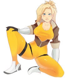 bodysuit breasts cameltoe costume_change costume_switch erect_nipples greenmarine mercy overwatch overwatch_2 skin_tight spread_legs sweat tracer_(cosplay)