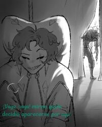 2boy 2boys 2d 2d_(artwork) 2d_artwork 2male 2males 2man 2men bells black_hair black_sclera colorless comic comic_page fully_clothed fully_clothed_male fully_dressed gay gay_male grayscale green_eyes greyscale hamk_kom harlequin_(the_freak_circus) heart heart_symbol hearts holding_object homo homoerotic homosexual homosexual_male implied_rape jester_cap jester_costume jester_hat jester_outfit knife male male/male minicomic motion_lines movement_lines page_1 page_2 page_number pierrot_(the_freak_circus) questionable_consent sexual_harassment shadow sharp_teeth short_hair smile smiling spanish spanish_commentary spanish_dialogue spanish_text tagme tfc the_freak_circus throwing_knife uncolored walking walking_in wavy_hair
