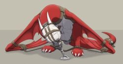 2025 2_horns 4_toes ankle_cuffs arms_tied bent_down blindfold bondage bondage bound chained_to_floor chastity_belt chastity_device claws cuff_(restraint) curved_horn digitigrade dragon feet feral hi_res horn hueroc kemira lock male metal_chastity_belt monotone_body monotone_horn monotone_scales muzzle_(object) muzzled mythological_creature mythological_scalie mythology padlock padlocked_collar red_body red_scales restraints scales scalie sensory_deprivation_hood sharp_horn signature simple_background smooth_horn solo straitjacket tail tail_cuff tail_tied tan_background tied_to_floor toes white_claws white_horn wing_cuffs wings_tied