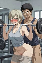 1boy 1girls ai_generated ass big_hands blonde_hair boy_and_girl from_behind grabbing_from_behind gym rough_sex rubbing shorts strength surprised touching unexpected