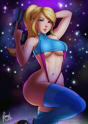 1girls abs ass blonde_hair breasts cleavage female female_only gun leg_up long_hair looking_at_viewer metroid nail_polish nintendo ponytail renardart samus_aran shirt solo suspenders text thighhighs underboob url watermark weapon