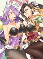 alternate_costume animal_ears black_hair breast_press breast_squish bunny_girl camilla_(fire_emblem) camilla_(spring)_(fire_emblem) carrot cleavage egg fire_emblem fire_emblem_fates fire_emblem_heroes gebyy-terar hair_over_one_eye kagero_(fire_emblem) kagero_(spring)_(fire_emblem) large_breasts nintendo purple_hair squish