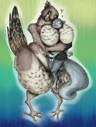 avian better_version_at_source big_breasts bird blush breasts brown_feathers feathers female fur grey_fur hawk heart hug larger_female male mammal nervous penis predator/prey rodent scared size_difference smaller_male squirrel