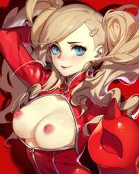 1girls ann_takamaki arm_up atlus blonde blonde_eyebrows blonde_female blonde_hair blonde_hair_female blue_eyes blue_eyes_female bodysuit breasts breasts_out cleavage_cutout closed_mouth closed_mouth_smile clothing_cutout earrings female grin hair_clip hair_ornament hairclip highres holding holding_mask human jewelry kyomon large_breasts latex light-skined_female light-skinned light-skinned_female light_skin light_skin_female light_skinned light_skinned_female lips long_hair looking_at_viewer mask medium_breasts megami_tensei nipples pale_skin parted_bangs persona persona_5 phantom_thief_suit red_background red_bodysuit red_lips red_mask red_topwear sega simple_background smile smiley_face smiling_at_viewer smirk smug solo songjikyo stud_earrings swept_bangs tareme teen_girl teenage_girl teenager topwear twintails twintails_(hairstyle) unworn_mask unzipped wavy_hair white-skin white-skinned_female zipper