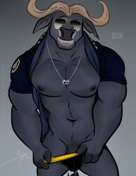 2018 better_version_at_source bgn bovine buffalo bulge chief_bogo clothing disney eyewear glasses horn jewelry looking_at_viewer male male_only mammal muscular_male necklace penis penis_base police seductive smile solo sunglasses underwear undressing zootopia